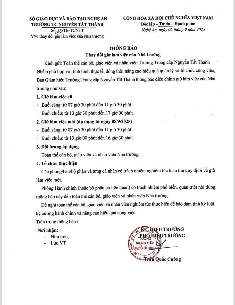 THÔNG BÁO: THAY ĐỔI GIỜ LÀM VIỆC CỦA TRƯỜNG TRUNG CẤP NGUYỄN TẤT THÀNH
