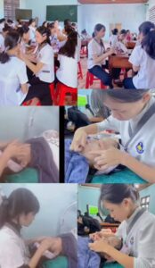 Hình ảnh học viên thực hành chăm sóc sắc đẹp với kỹ thuật chăm sóc da mặt chuyên nghiệp. Môi trường học tập hiện đại, chú trọng thực hành, giúp học viên vững tay nghề và dễ dàng xin việc sau khi tốt nghiệp.