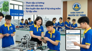 Học viên Trường Trung cấp Nguyễn Tất Thành Nghệ An mặc đồng phục xanh thực hành kỹ thuật tại xưởng công nghệ hiện đại.