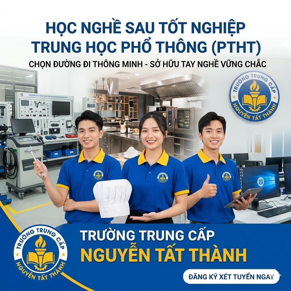 Lựa chọn học nghề sau tốt nghiệp THPT tại Trường Trung cấp Nguyễn Tất Thành giúp học sinh sở hữu tay nghề vững chắc, cam kết việc làm ngay. Chương trình đào tạo thực tế, cơ sở vật chất hiện đại, mở rộng cơ hội thăng tiến và liên thông. Đăng ký xét tuyển ngay hôm nay!