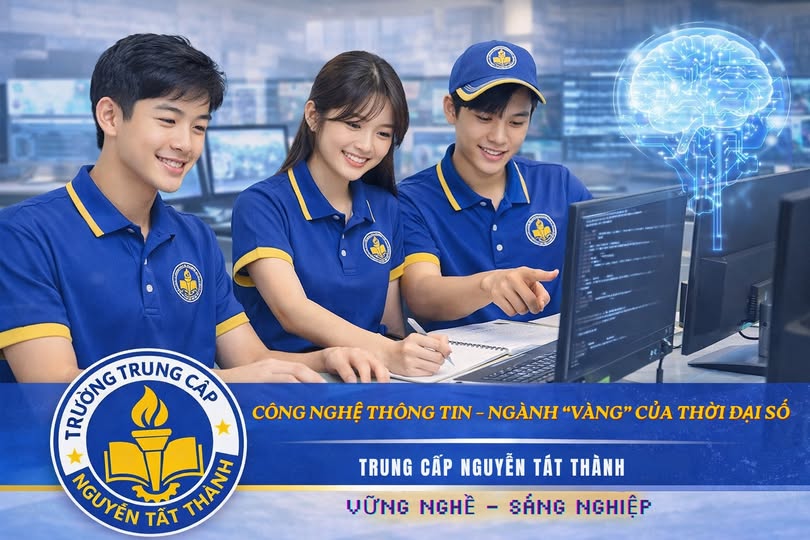 Học nghề Công nghệ thông tin sau lớp 9 tại Trường Trung cấp Nguyễn Tất Thành với chính sách miễn 100% học phí, đào tạo thực hành chuyên sâu, cơ hội việc làm rộng mở trong thời đại số.