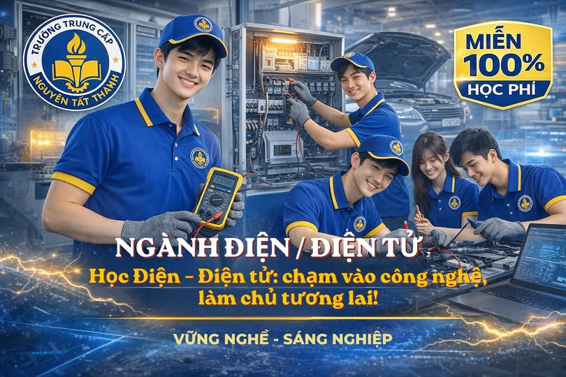 Học ngành Điện – Điện tử sau lớp 9 tại Trường Trung cấp Nguyễn Tất Thành với chương trình đào tạo thực hành hiện đại, giúp học sinh làm chủ công nghệ, vững tay nghề và mở rộng cơ hội việc làm bền vững trong tương lai.
