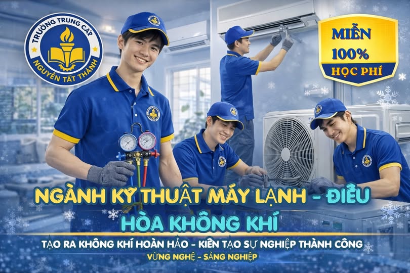 Học nghề Kỹ thuật máy lạnh – điều hòa sau lớp 9 tại Trường Trung cấp Nguyễn Tất Thành giúp học sinh vững tay nghề, cơ hội việc làm cao, thu nhập ổn định và phát triển lâu dài trong ngành điện lạnh.