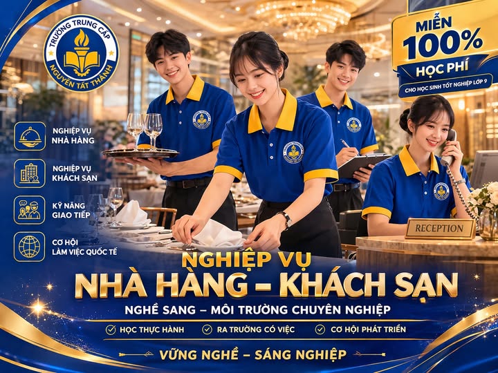 Học nghề Quản trị Nhà hàng – Khách sạn sau lớp 9 tại Trường Trung cấp Nguyễn Tất Thành giúp học sinh phát triển kỹ năng chuyên nghiệp, cơ hội việc làm rộng mở trong lĩnh vực dịch vụ – du lịch – khách sạn.