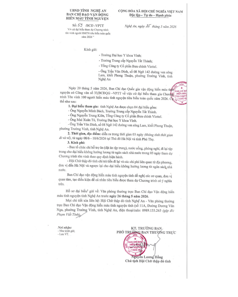 Trường Trung cấp Nguyễn Tất Thành vinh dự có đại biểu được Ban Chỉ đạo Vận động Hiến máu tình nguyện tỉnh Nghệ An lựa chọn tham dự Chương trình tôn vinh 100 người hiến máu tình nguyện tiêu biểu toàn quốc năm 2026 tại Hà Nội và Phú Thọ. Đây là sự ghi nhận ý nghĩa đối với tinh thần nhân ái, trách nhiệm cộng đồng và những đóng góp tích cực trong phong trào hiến máu tình nguyện của nhà trường.