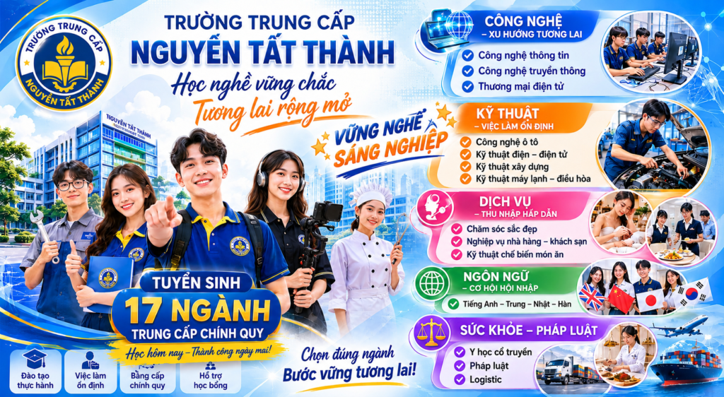 Trường Trung cấp Nguyễn Tất Thành thông báo tuyển sinh năm 2026 với 17 ngành nghề xu hướng. Nhà trường xét tuyển học bạ từ bậc THCS, đồng thời cam kết hỗ trợ giới thiệu việc làm sau tốt nghiệp cho học viên. Quý phụ huynh và học sinh quan tâm vui lòng đăng ký ngay để được tư vấn lộ trình học tập phù hợp nhất.