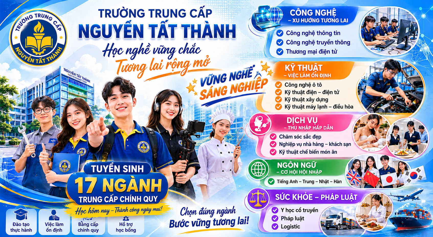 Trường Trung cấp Nguyễn Tất Thành thông báo tuyển sinh năm 2026 với 17 ngành nghề xu hướng. Nhà trường xét tuyển học bạ từ bậc THCS, đồng thời cam kết hỗ trợ giới thiệu việc làm sau tốt nghiệp cho học viên. Quý phụ huynh và học sinh quan tâm vui lòng đăng ký ngay để được tư vấn lộ trình học tập phù hợp nhất.