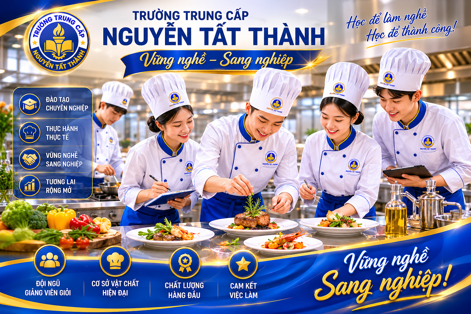 Trường Trung cấp Nguyễn Tất Thành đào tạo ngành Chế biến món ăn theo hướng thực hành chuyên sâu. Học viên được học tập trong môi trường hiện đại, phát triển kỹ năng nghề nghiệp vững chắc và sẵn sàng cho tương lai thành công.