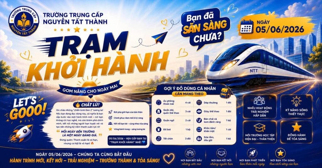 HÀNH TRANG LÊN ĐƯỜNG: BẠN ĐÃ SẴN SÀNG CHƯA? Để chuyến tàu "Trạm Khởi Hành" vào ngày 05/06/2026 diễn ra trọn vẹn và ý nghĩa nhất, các "chiến binh Gen Z" của Trường Trung cấp Nguyễn Tất Thành hãy nhanh tay lưu lại danh sách gợi ý đồ dùng cá nhân cực kỳ chi tiết trên banner nhé: Trang phục thoải mái: Áo phông (4 cái), Quần dài/quần thể thao (3 cái), Quần ngố (2 cái), Đồ bơi (1 bộ), Tất chân (3 đôi). Giày dép tiện lợi: Dép thường (1 đôi), Giày thể thao (1 đôi) để sẵn sàng bùng nổ trong các hoạt động trải nghiệm. Vệ sinh cá nhân: Bàn chải & kem đánh răng (1 bộ), Khăn tắm/khăn mặt (1 cái), Sữa tắm & dầu gội (1 bộ). "Mỗi ngày đến trường là một ngày đáng giá." Thanh xuân là có hạn nhưng cơ hội tại Nguyễn Tất Thành là vô hạn. Hãy chuẩn bị hành trang thật đầy đủ để cùng nhau bứt phá giới hạn, chinh phục đam mê và tỏa sáng theo cách riêng của bạn vào ngày 05/06 này nhé!